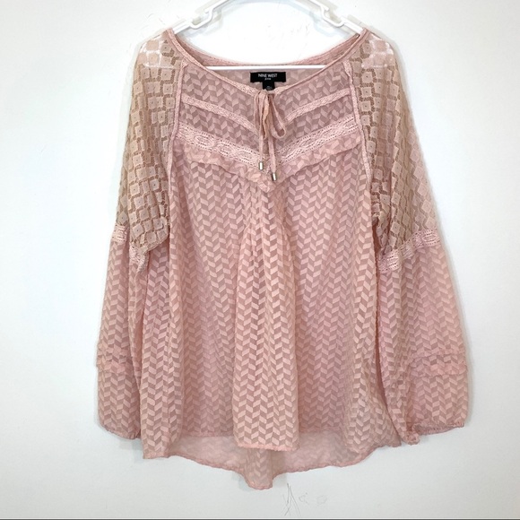 Nine West Sheer Chevron Lace Pink Boho Top - Picture 2 of 11